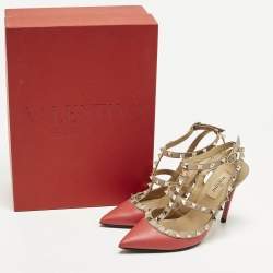 مملوكة مسبقًا Valentino Rockstud Size 36 Red/Beige Leather Caged Ankle Strap Pumps