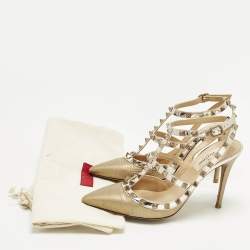 Pre Owned حذاء كعب عالي فالنتينو روكستود جلد بيج بحزام للكاحل مقاس 39.5