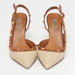 Pre Owned Valentino Rockstud Size 40 Cream/Brown Leather and Raffia Pumps