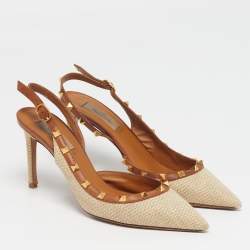 Pre Owned Valentino Rockstud Size 40 Cream/Brown Leather and Raffia Pumps