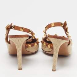 Pre Owned Valentino Rockstud Size 40 Cream/Brown Leather and Raffia Pumps