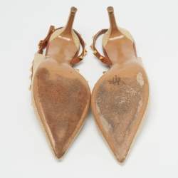 Pre Owned Valentino Rockstud Size 40 Cream/Brown Leather and Raffia Pumps