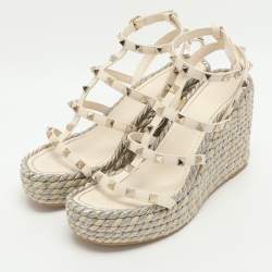 Pre Owned Valentino Rockstud Size 38 Off-White Leather Strappy Wedge Sandals