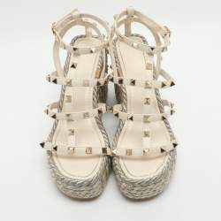 Pre Owned Valentino Rockstud Size 38 Off-White Leather Strappy Wedge Sandals