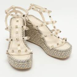 Pre Owned Valentino Rockstud Size 38 Off-White Leather Strappy Wedge Sandals