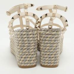 Pre Owned Valentino Rockstud Size 38 Off-White Leather Strappy Wedge Sandals