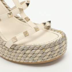 Pre Owned Valentino Rockstud Size 38 Off-White Leather Strappy Wedge Sandals