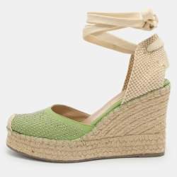 Pre Owned Valentino Green Studded Leather Espadrille Wedge Ankle Strap Sandals Size 38
