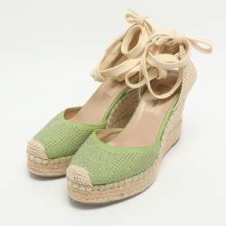 Pre Owned Valentino Green Studded Leather Espadrille Wedge Ankle Strap Sandals Size 38