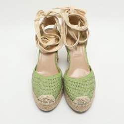 Pre Owned Valentino Green Studded Leather Espadrille Wedge Ankle Strap Sandals Size 38