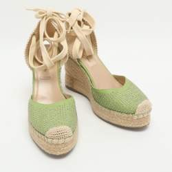 Pre Owned Valentino Green Studded Leather Espadrille Wedge Ankle Strap Sandals Size 38