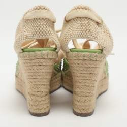 Pre Owned Valentino Green Studded Leather Espadrille Wedge Ankle Strap Sandals Size 38