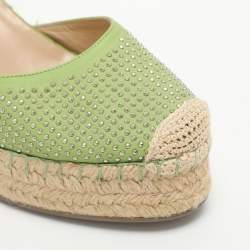 Pre Owned Valentino Green Studded Leather Espadrille Wedge Ankle Strap Sandals Size 38