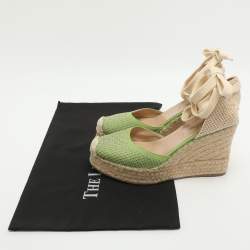 Pre Owned Valentino Green Studded Leather Espadrille Wedge Ankle Strap Sandals Size 38