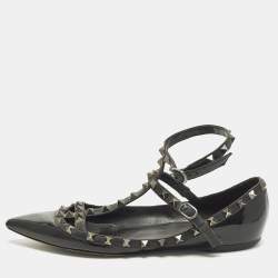 Pre Owned Valentino Rockstud Cage Size 40 Black Patent and Leather Ballet Flats