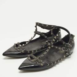 Pre Owned Valentino Rockstud Cage Size 40 Black Patent and Leather Ballet Flats