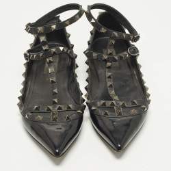 Pre Owned Valentino Rockstud Cage Size 40 Black Patent and Leather Ballet Flats