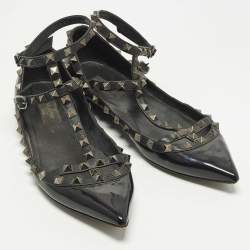 Pre Owned Valentino Rockstud Cage Size 40 Black Patent and Leather Ballet Flats