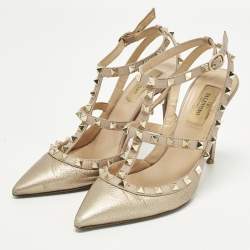 Pre Owned Valentino Rockstud Caged Size 38 Metallic/Beige Leather Ankle Strap Pumps