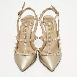 Pre Owned Valentino Rockstud Caged Size 38 Metallic/Beige Leather Ankle Strap Pumps