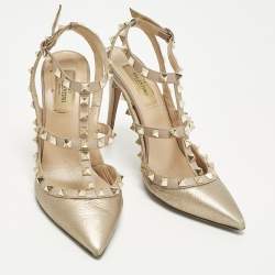 Pre Owned Valentino Rockstud Caged Size 38 Metallic/Beige Leather Ankle Strap Pumps