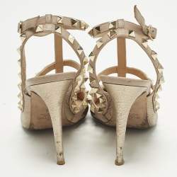 Pre Owned Valentino Rockstud Caged Size 38 Metallic/Beige Leather Ankle Strap Pumps