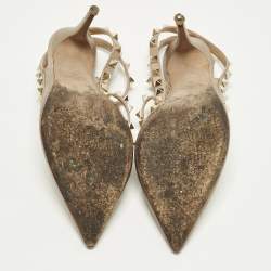 Pre Owned Valentino Rockstud Caged Size 38 Metallic/Beige Leather Ankle Strap Pumps