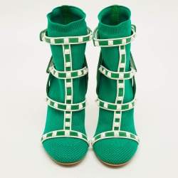 Pre Owned بوت بطول الكاحل فالنتينو روكستد بودي تيك قماش محبوكة أخضر/أبيض وجلد سويدي مقاس 35