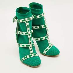 Pre Owned بوت بطول الكاحل فالنتينو روكستد بودي تيك قماش محبوكة أخضر/أبيض وجلد سويدي مقاس 35