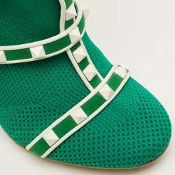 Pre Owned بوت بطول الكاحل فالنتينو روكستد بودي تيك قماش محبوكة أخضر/أبيض وجلد سويدي مقاس 35