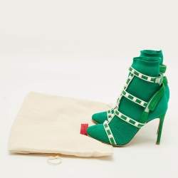 Pre Owned بوت بطول الكاحل فالنتينو روكستد بودي تيك قماش محبوكة أخضر/أبيض وجلد سويدي مقاس 35