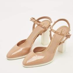 Pre Owned Valentino Rockstud Size 37 Beige Patent Leather Ankle Strap Sandals