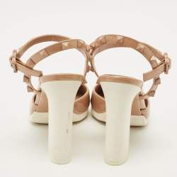 Pre Owned Valentino Rockstud Size 37 Beige Patent Leather Ankle Strap Sandals
