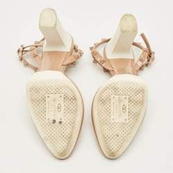 Pre Owned Valentino Rockstud Size 37 Beige Patent Leather Ankle Strap Sandals