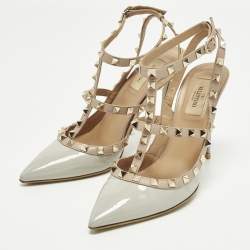 Pre Owned Valentino Rockstud Caged Size 39 Grey/Beige Patent and Leather Ankle Strap Pumps