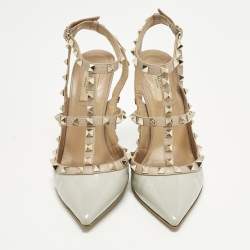 Pre Owned Valentino Rockstud Caged Size 39 Grey/Beige Patent and Leather Ankle Strap Pumps