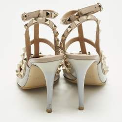 Pre Owned Valentino Rockstud Caged Size 39 Grey/Beige Patent and Leather Ankle Strap Pumps