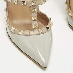 Pre Owned Valentino Rockstud Caged Size 39 Grey/Beige Patent and Leather Ankle Strap Pumps