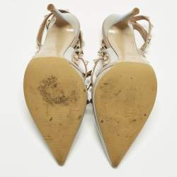 Pre Owned Valentino Rockstud Caged Size 39 Grey/Beige Patent and Leather Ankle Strap Pumps