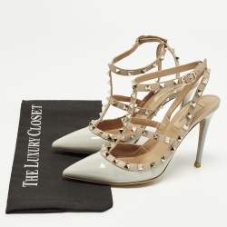 Pre Owned Valentino Rockstud Caged Size 39 Grey/Beige Patent and Leather Ankle Strap Pumps