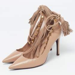 Pre Owned Valentino Rockstud Size 37.5 Beige Leather Ankle Wrap Tassel Pumps