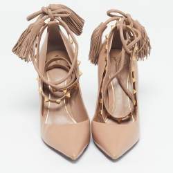 Pre Owned Valentino Rockstud Size 37.5 Beige Leather Ankle Wrap Tassel Pumps