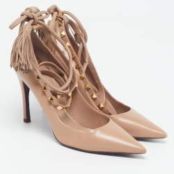 Pre Owned Valentino Rockstud Size 37.5 Beige Leather Ankle Wrap Tassel Pumps