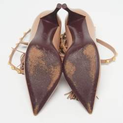 Pre Owned Valentino Rockstud Size 37.5 Beige Leather Ankle Wrap Tassel Pumps