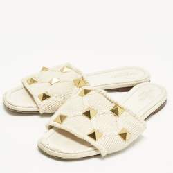 Pre Owned Valentino Roman Stud Size 38 White Crochet Flat Slide