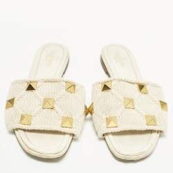 Pre Owned Valentino Roman Stud Size 38 White Crochet Flat Slide