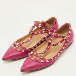 Pre Owned حذاء باليرينا فاتحة الكاحل فالنتينو فلات روكستد جلد وردي مقاس 39