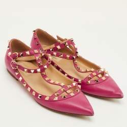 Pre Owned حذاء باليرينا فاتحة الكاحل فالنتينو فلات روكستد جلد وردي مقاس 39