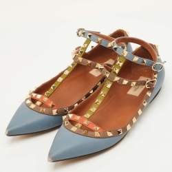 Pre Owned Valentino Rockstud Size 39 Multicolor Leather Pointed Toe Ankle Strap Ballet Flats