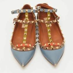 Pre Owned Valentino Rockstud Size 39 Multicolor Leather Pointed Toe Ankle Strap Ballet Flats